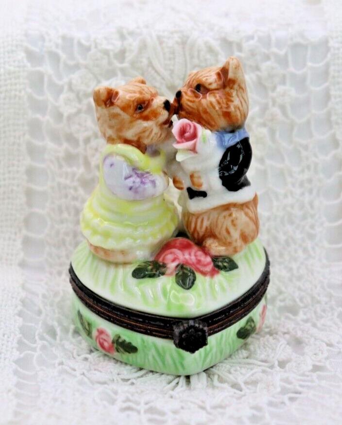 Vintage Porcelain Terrier Dog Trinket Box | Hand Painted Romantic Puppy Keepsake Box | Dog Lover Gift Collectible