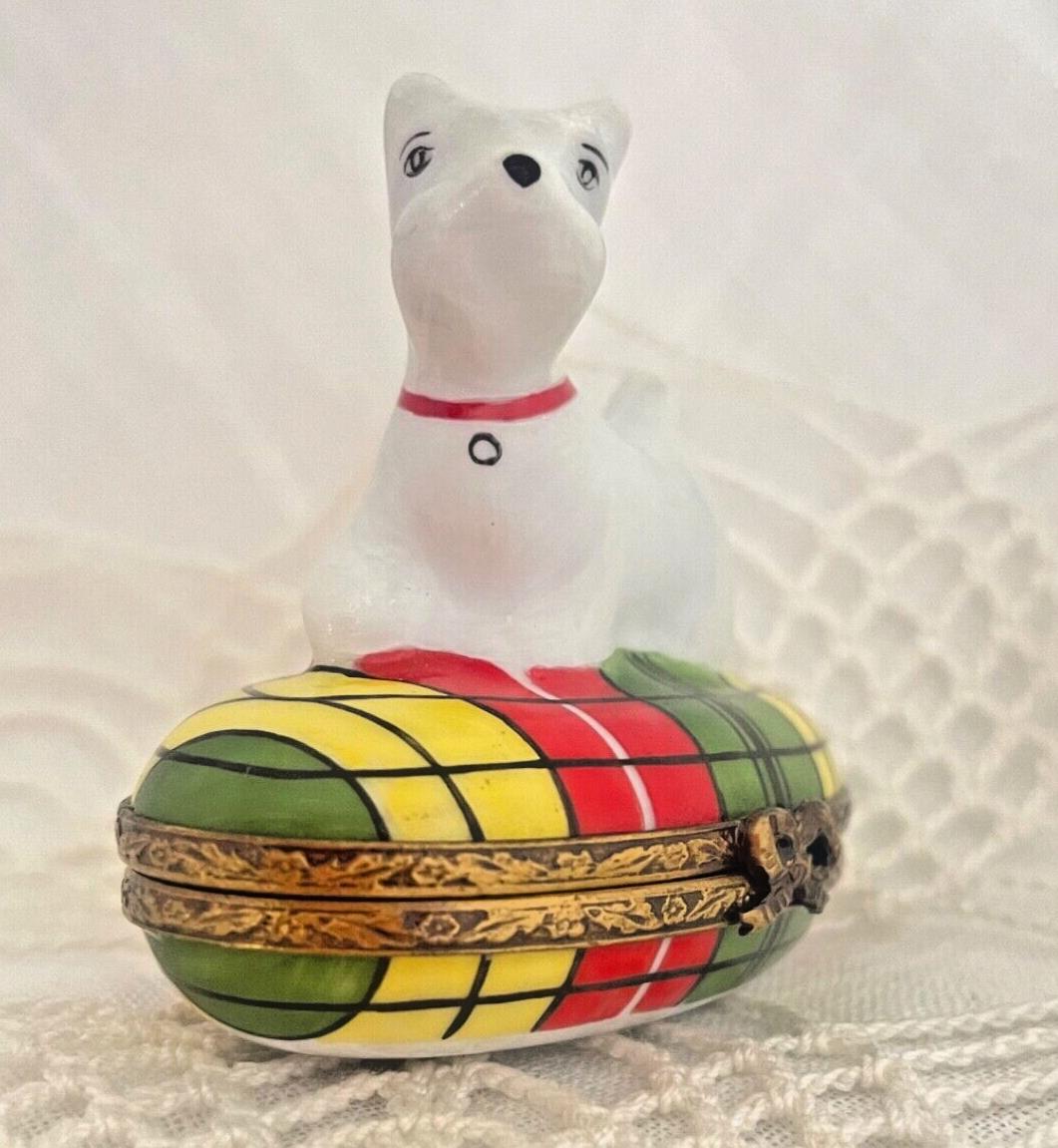 Limoges France Peint Main Signed Westie/Scottie Dog Trinket Box