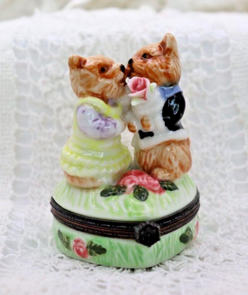 Vintage Porcelain Terrier Dog Trinket Box | Hand Painted Romantic Puppy Keepsake Box | Dog Lover Gift Collectible