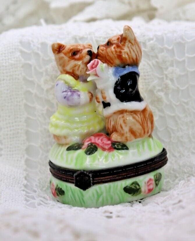 Vintage Porcelain Terrier Dog Trinket Box | Hand Painted Romantic Puppy Keepsake Box | Dog Lover Gift Collectible