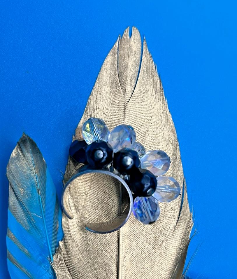 Bauble Ring with Silver Band - Black and Clear Contrast