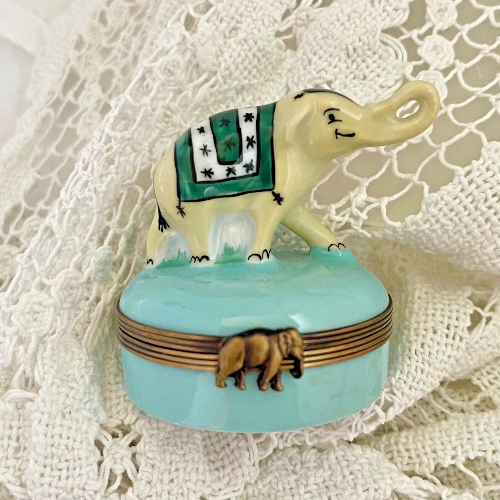 Limoges Castel France Elephant Trinket Box Green Star Pattern Porcelain