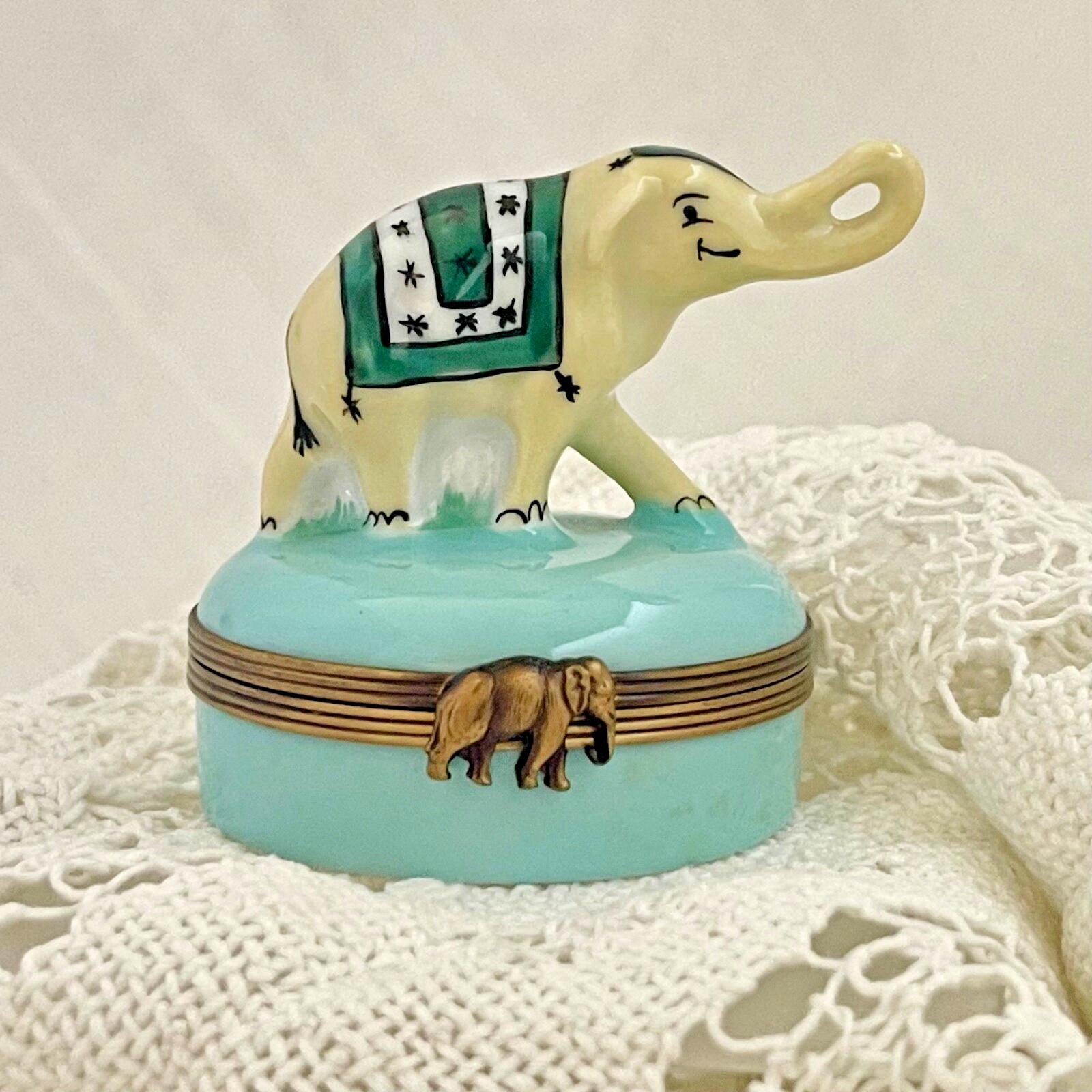 Limoges Castel France Elephant Trinket Box Green Star Pattern Porcelain