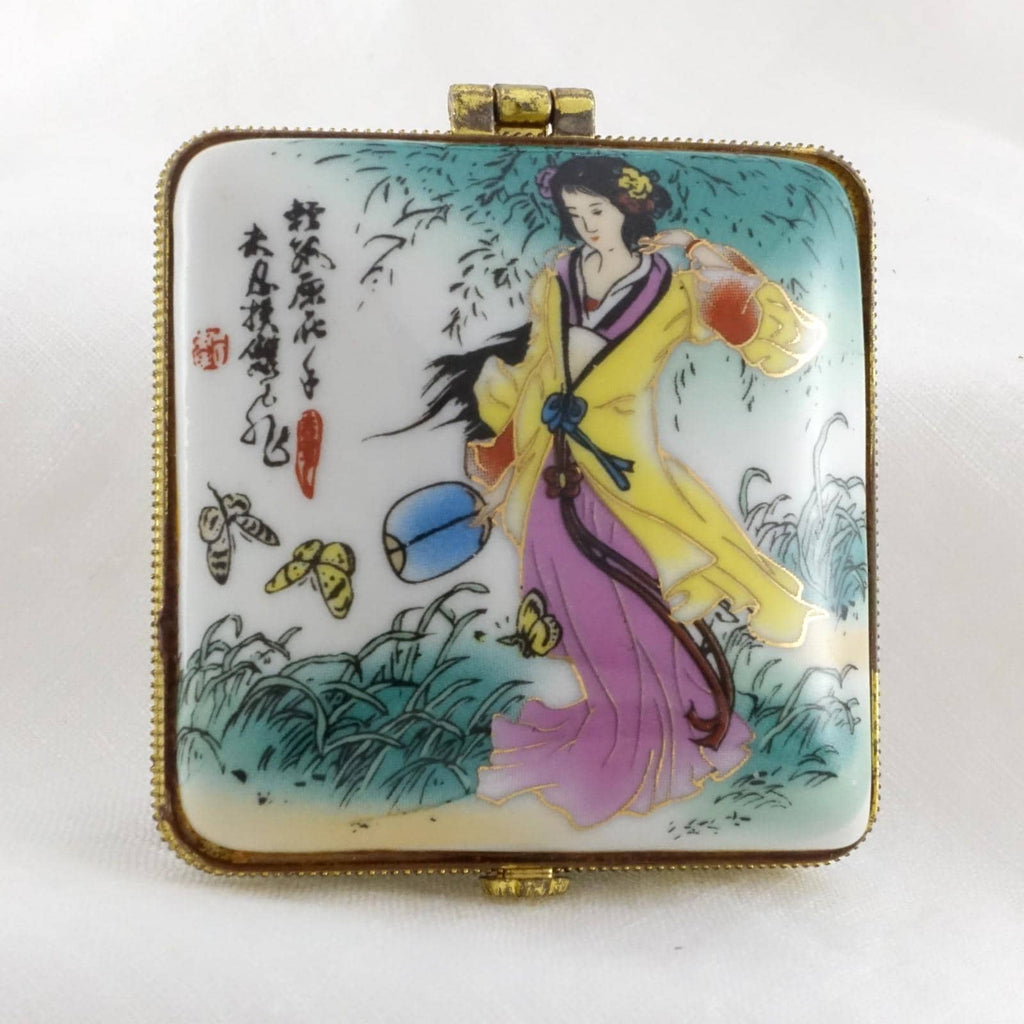 Limoges Style - Japanese Geisha Trinket Box Vintage Hand Painted Collectible