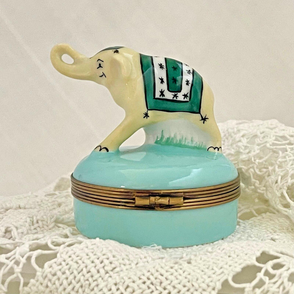 Limoges Castel France Elephant Trinket Box Green Star Pattern Porcelain