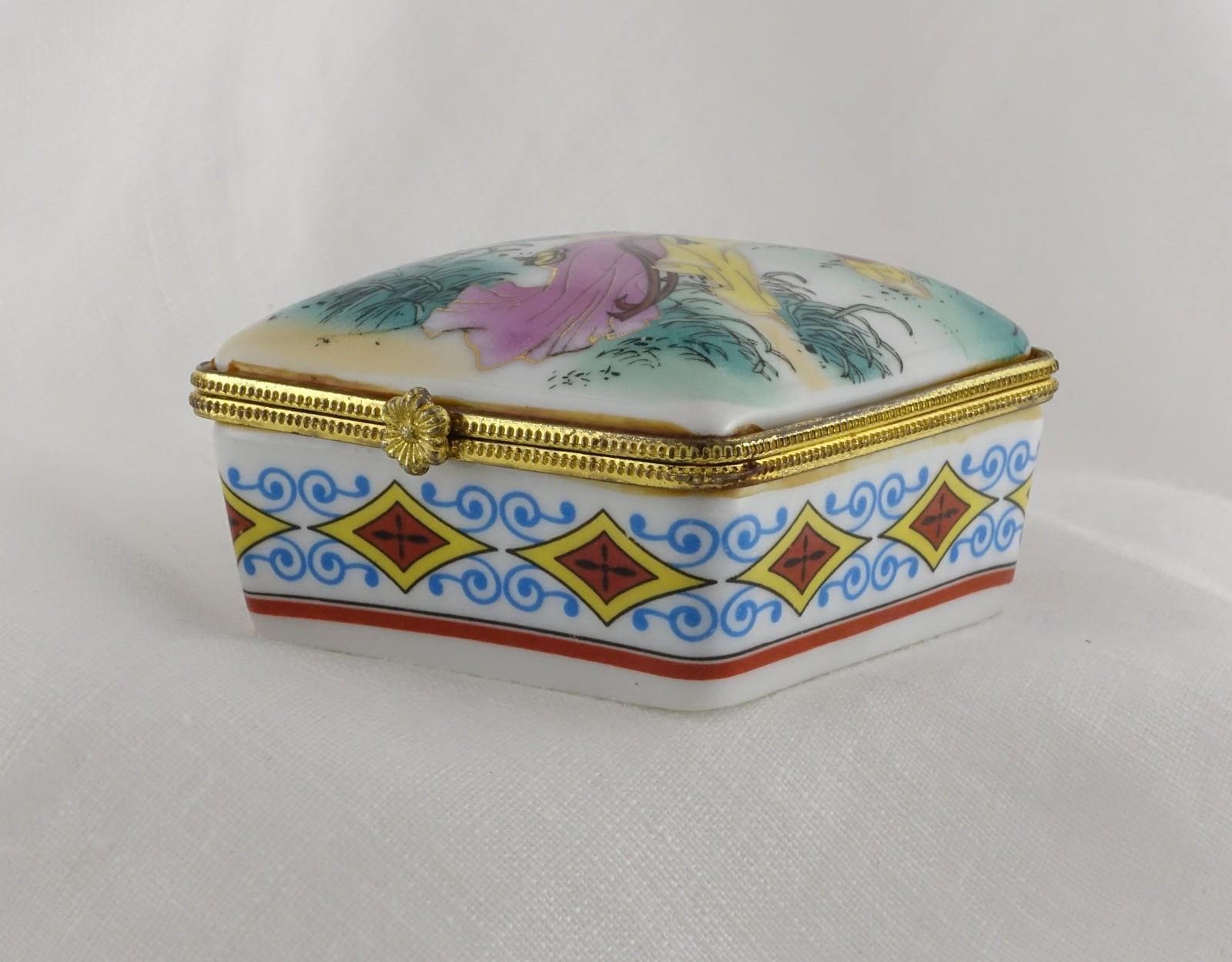 Limoges Style - Japanese Geisha Trinket Box Vintage Hand Painted Collectible