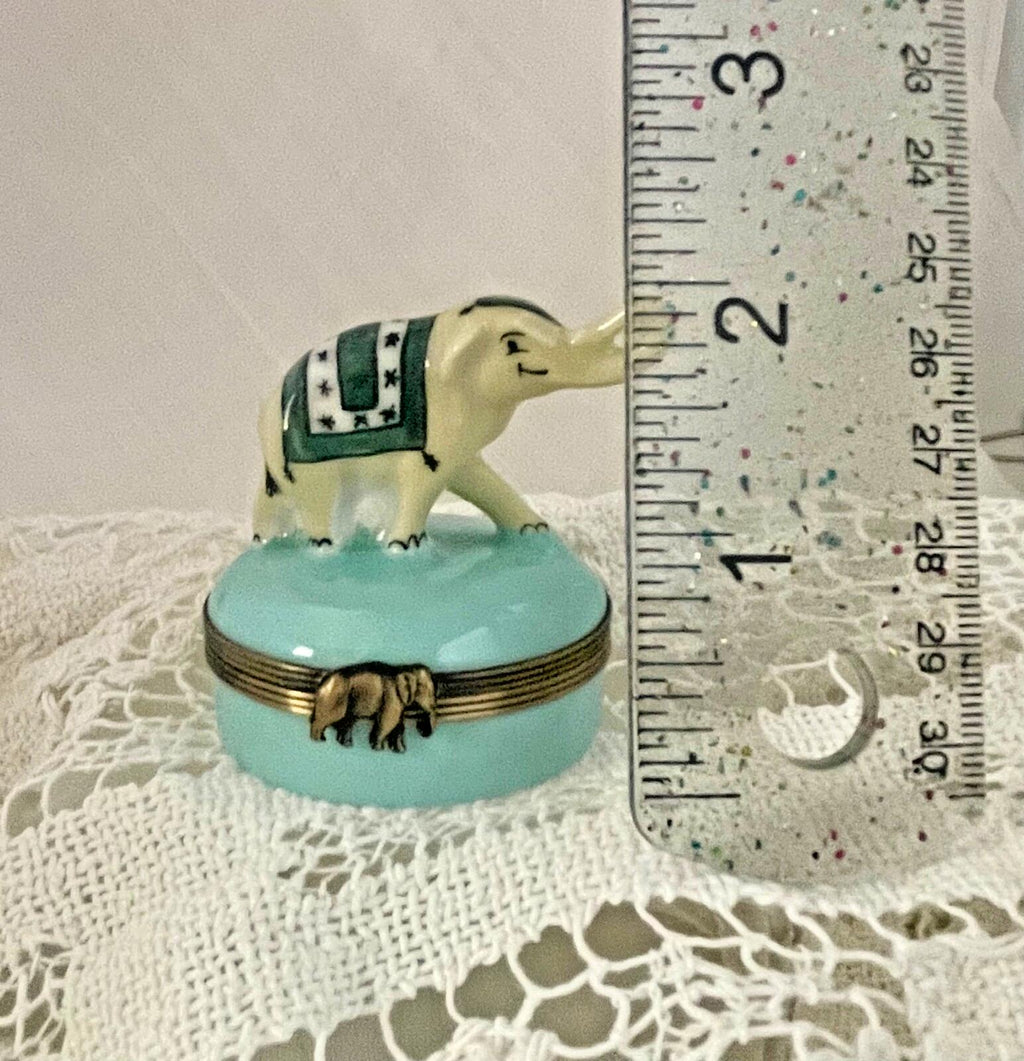 Limoges Castel France Elephant Trinket Box Green Star Pattern Porcelain
