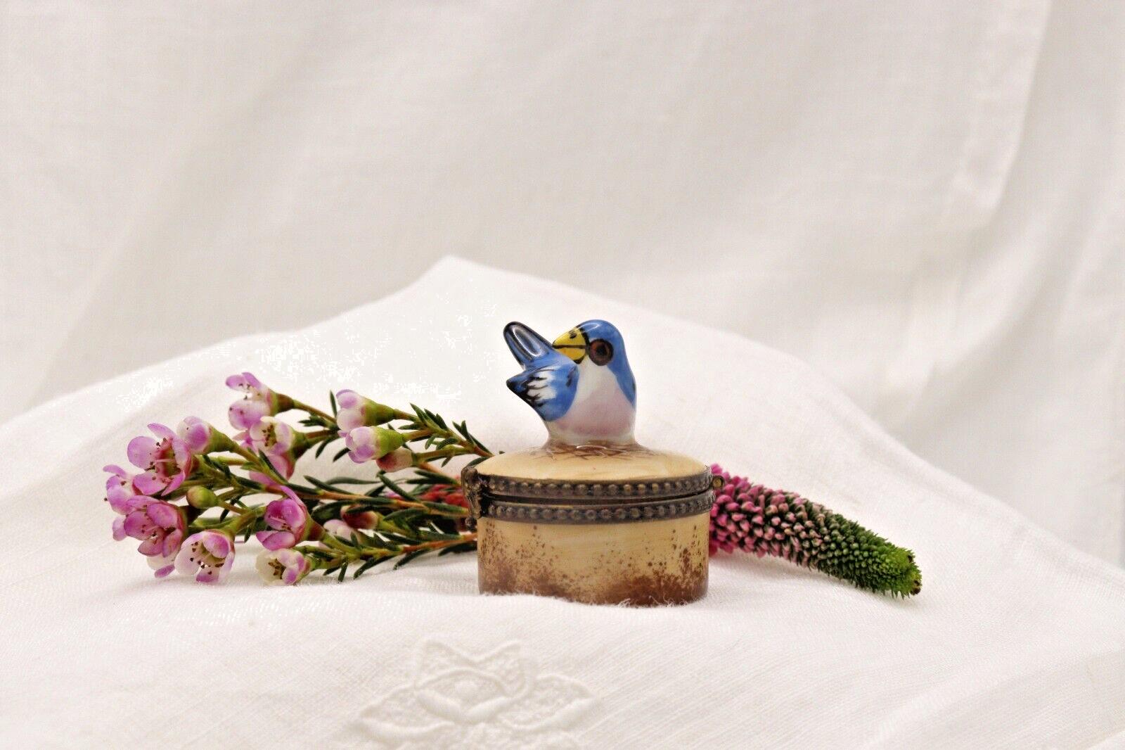 Vintage Bluebird Trinket Box | Hand Painted Porcelain Bird Keepsake Box | Hinged Floral Collectible Gift