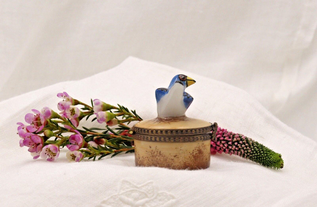 Vintage Bluebird Trinket Box | Hand Painted Porcelain Bird Keepsake Box | Hinged Floral Collectible Gift
