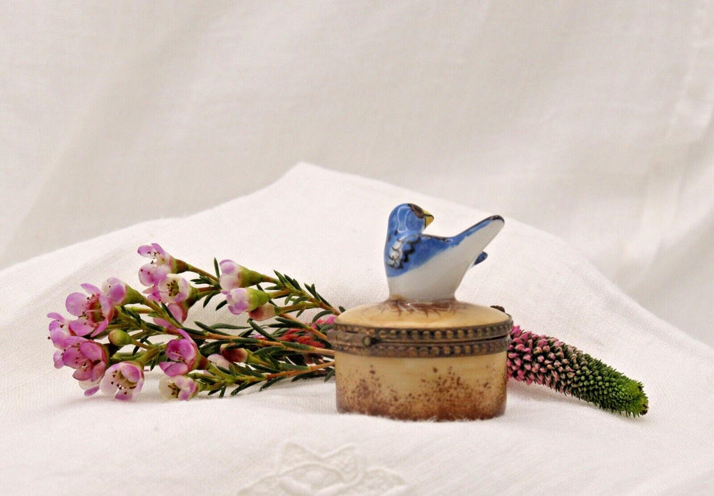 Vintage Bluebird Trinket Box | Hand Painted Porcelain Bird Keepsake Box | Hinged Floral Collectible Gift