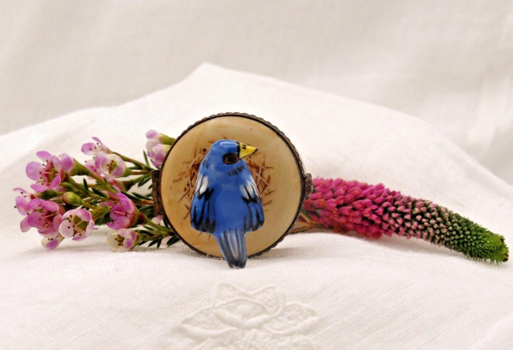 Vintage Bluebird Trinket Box | Hand Painted Porcelain Bird Keepsake Box | Hinged Floral Collectible Gift