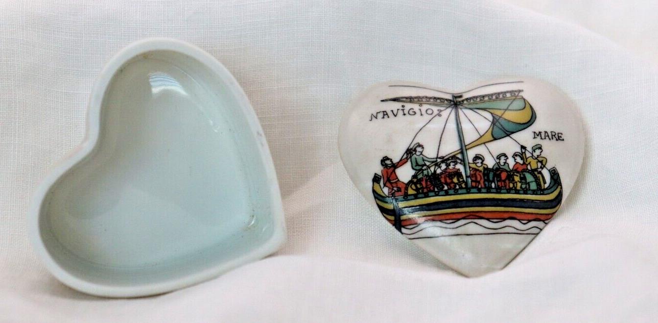 Limoges France Heart Trinket Box Bayeux Tapestry Hand Painted Porcelain