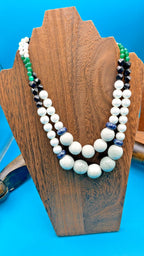 Beaded Necklace: Vintage Style in White, Green & Blue (Adjustable Clasp)