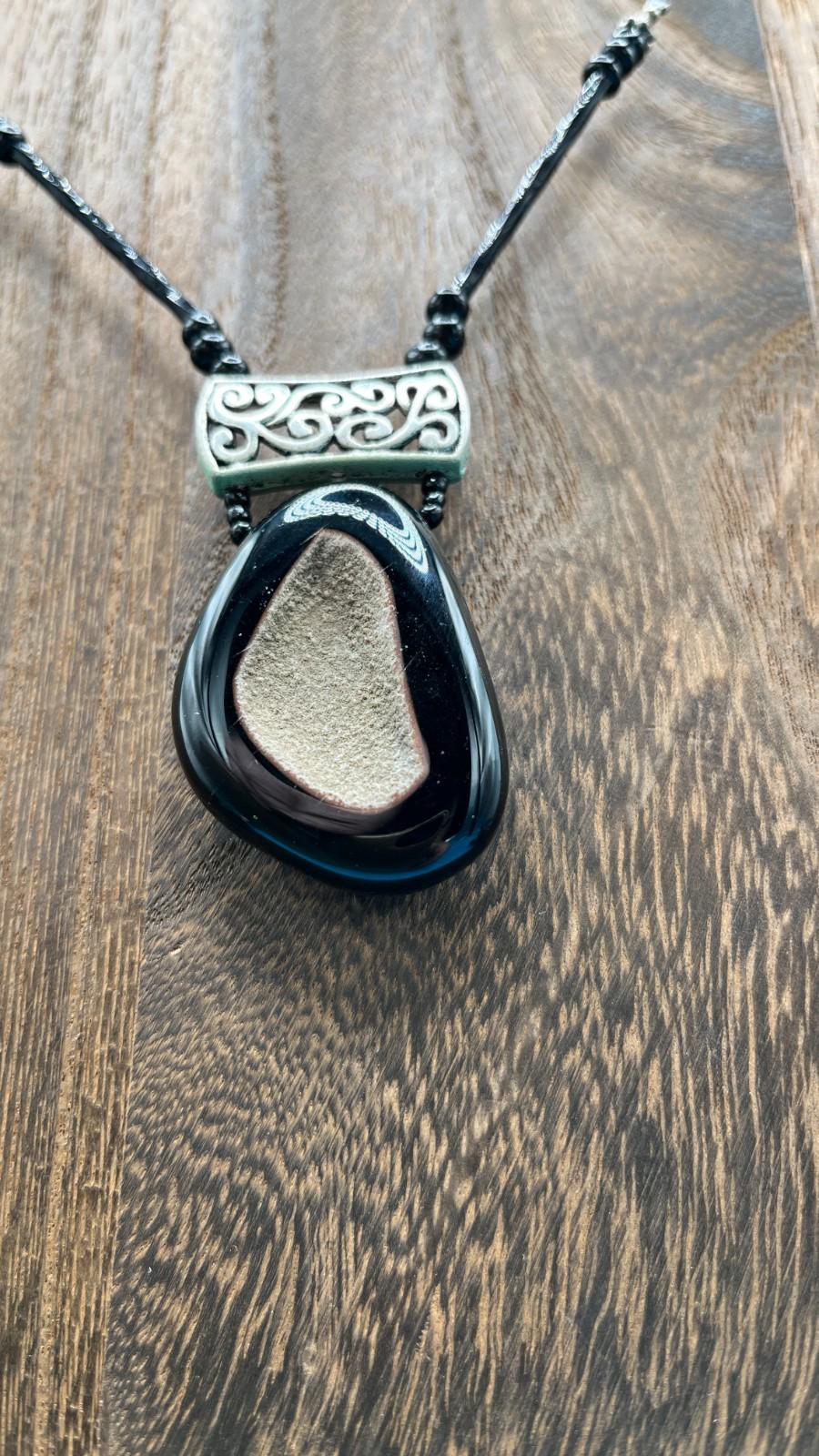Handcrafted Stone Necklace, Black and Grey Pendant with Silver Accent (Wire Wrapped)