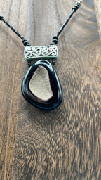 Handcrafted Stone Necklace, Black and Grey Pendant with Silver Accent (Wire Wrapped)