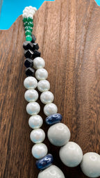 Beaded Necklace: Vintage Style in White, Green & Blue (Adjustable Clasp)