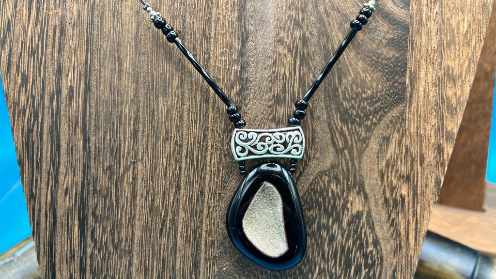 Handcrafted Stone Necklace, Black and Grey Pendant with Silver Accent (Wire Wrapped)