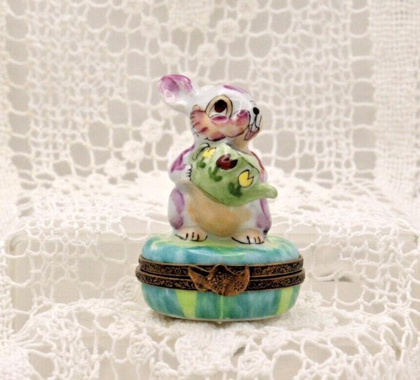 Limoges Porcelain Trinket Box, Rabbit with Watering Can (Hand-Painted)