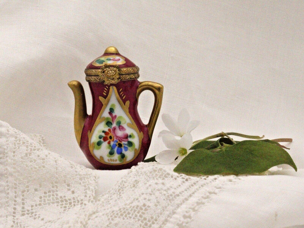 Limoges Teapot Trinket Box - Hand-Painted Burgundy with Gold Detail