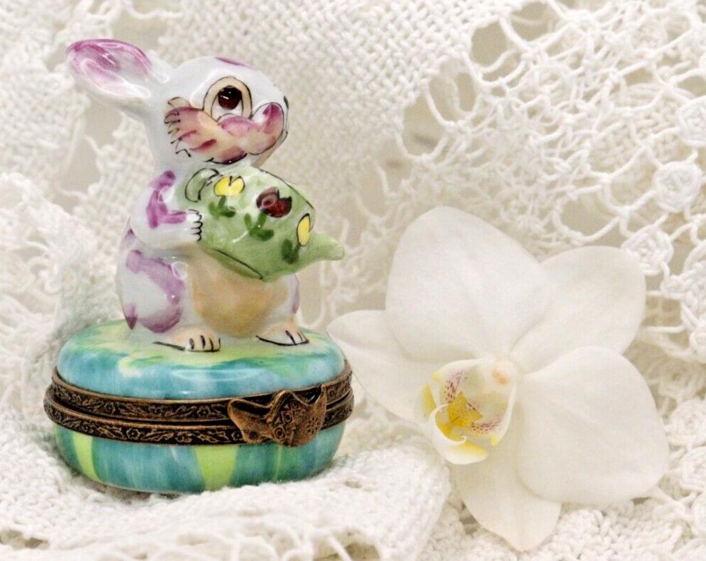 Limoges Porcelain Trinket Box, Rabbit with Watering Can (Hand-Painted)