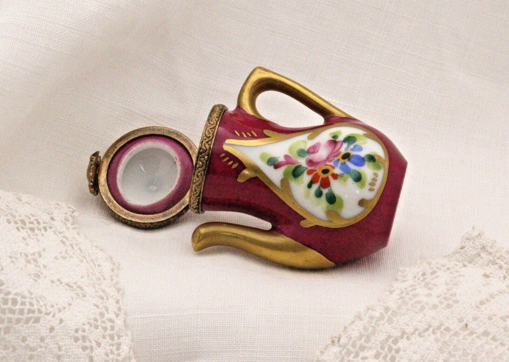 Limoges Teapot Trinket Box - Hand-Painted Burgundy with Gold Detail