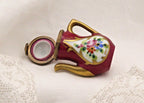 Limoges Teapot Trinket Box - Hand-Painted Burgundy with Gold Detail