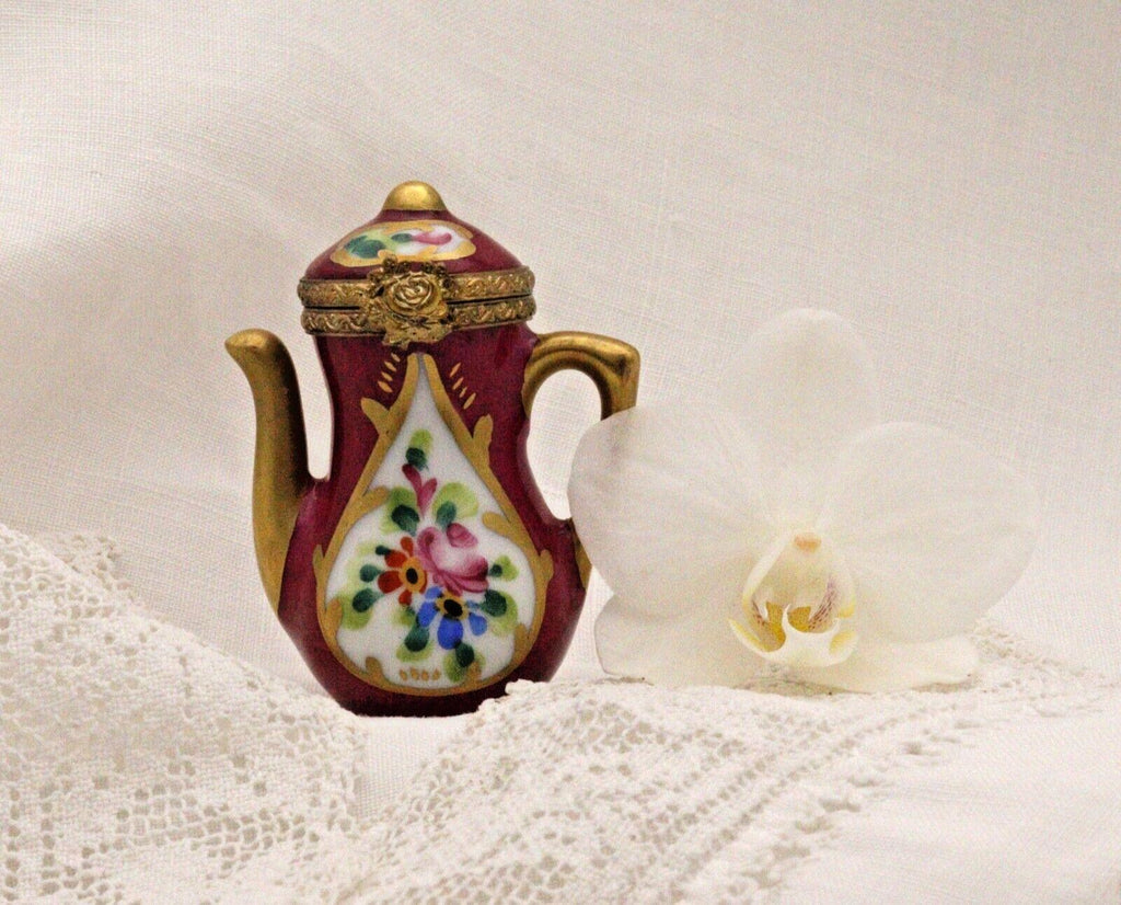 Limoges Teapot Trinket Box - Hand-Painted Burgundy with Gold Detail