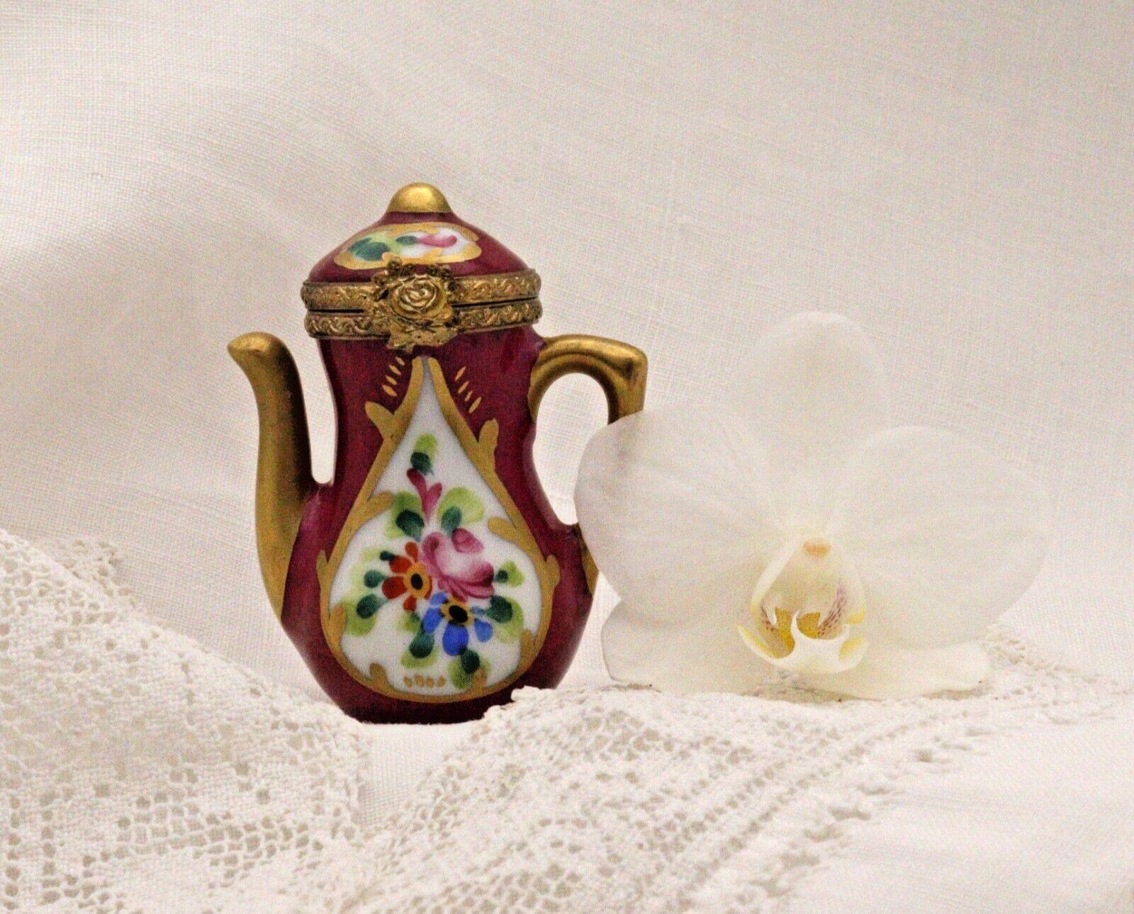 Limoges Teapot Trinket Box - Hand-Painted Burgundy with Gold Detail