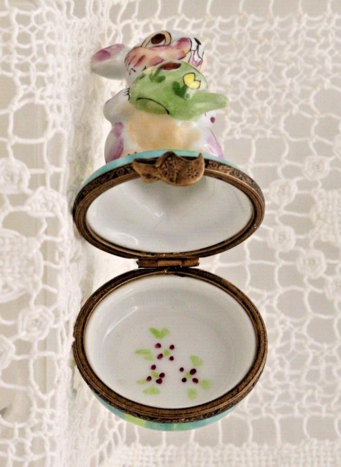 Limoges Porcelain Trinket Box, Rabbit with Watering Can (Hand-Painted)