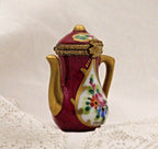 Limoges Teapot Trinket Box - Hand-Painted Burgundy with Gold Detail