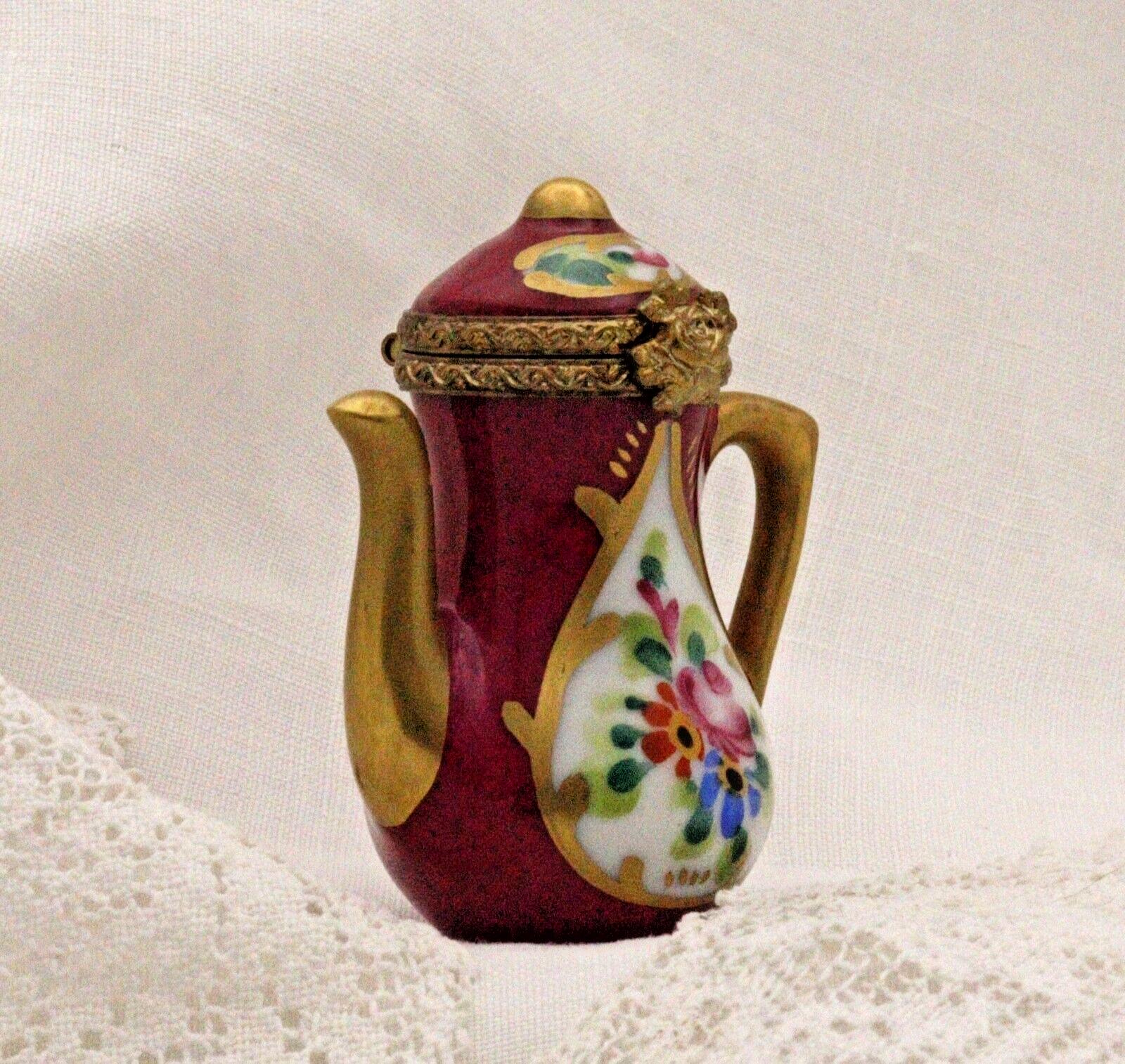 Limoges Teapot Trinket Box - Hand-Painted Burgundy with Gold Detail