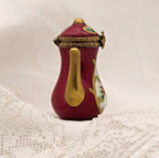 Limoges Teapot Trinket Box - Hand-Painted Burgundy with Gold Detail