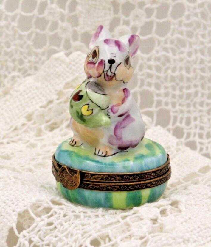 Limoges Porcelain Trinket Box, Rabbit with Watering Can (Hand-Painted)