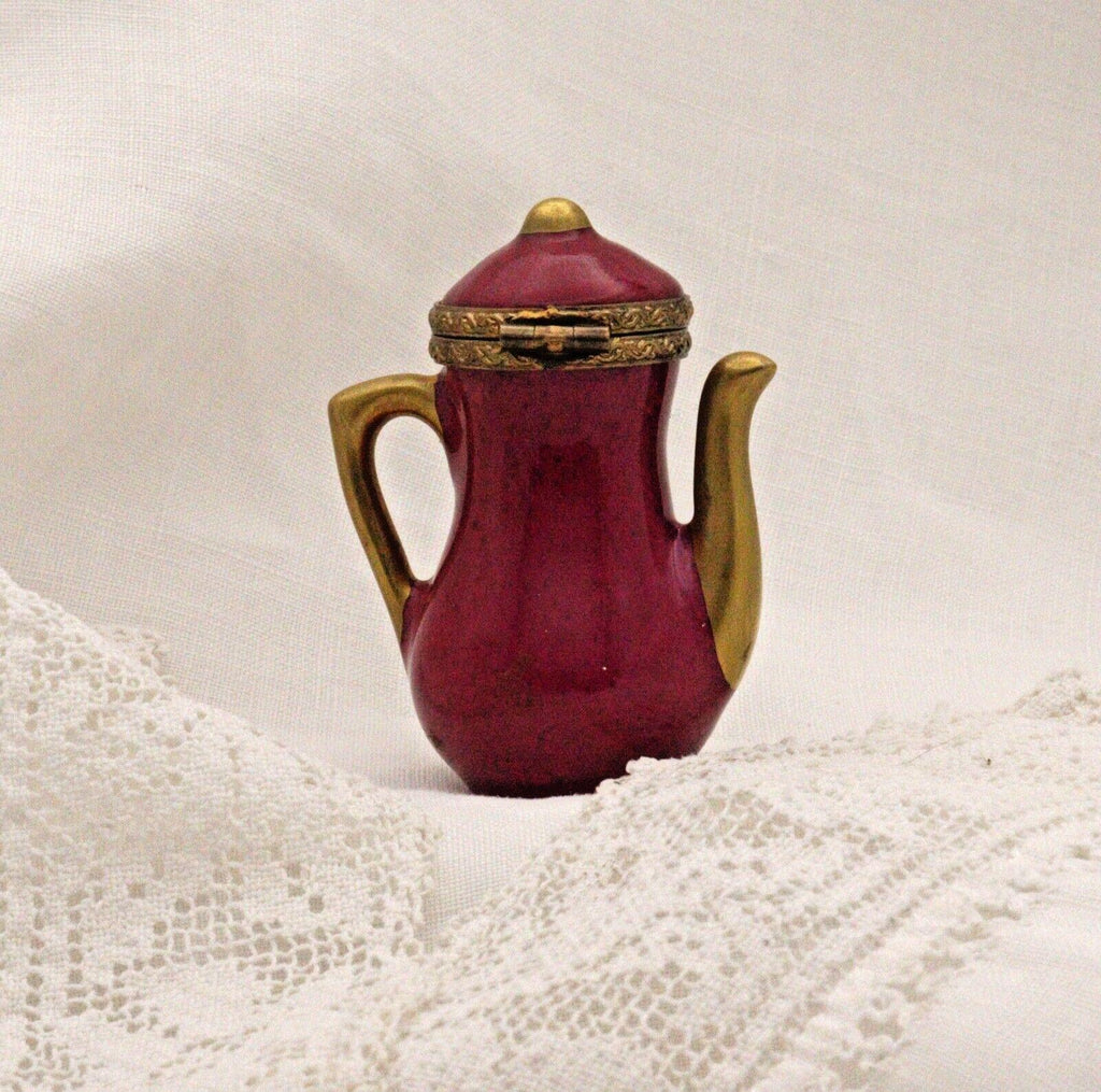 Limoges Teapot Trinket Box - Hand-Painted Burgundy with Gold Detail