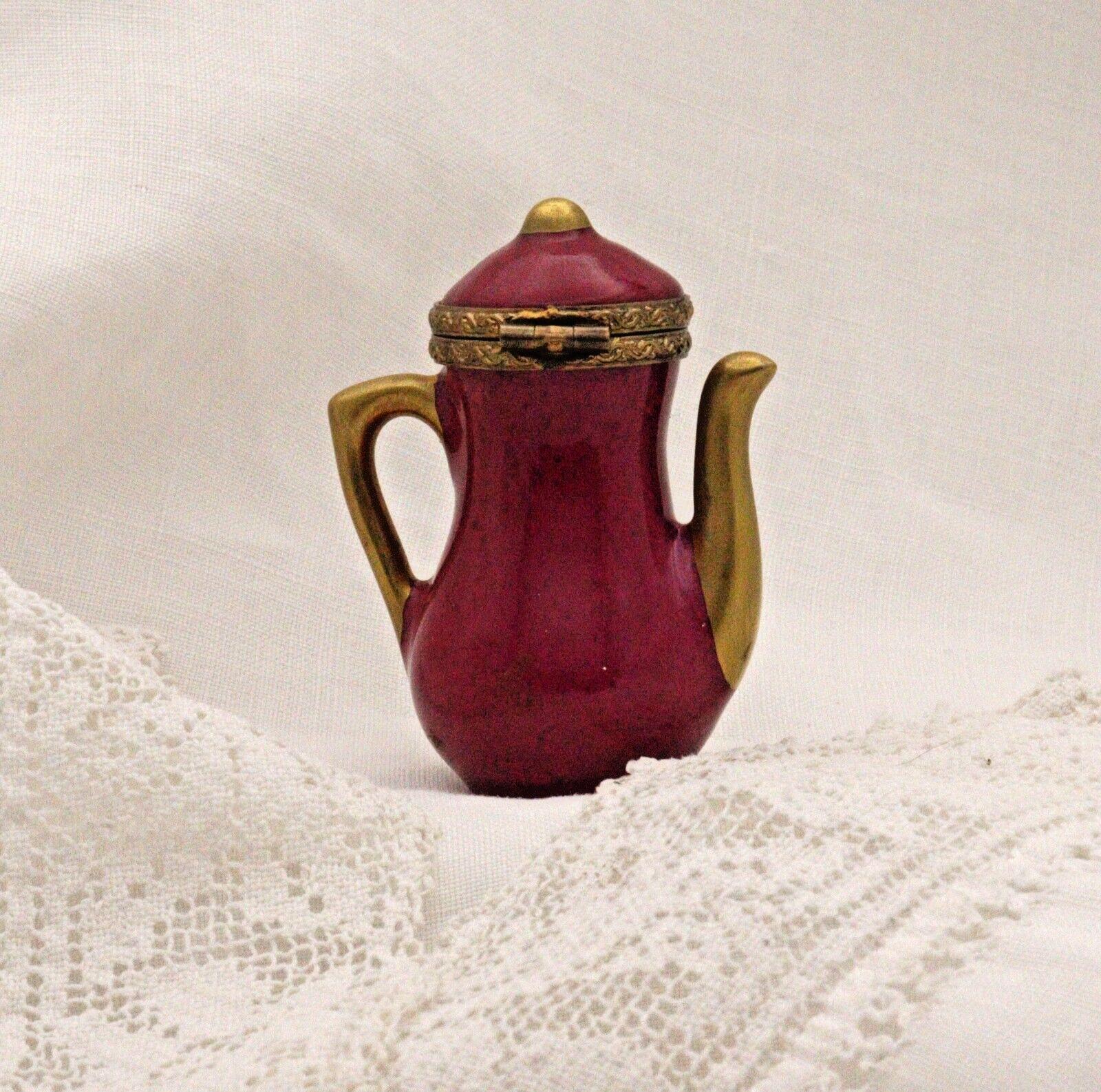 Limoges Teapot Trinket Box - Hand-Painted Burgundy with Gold Detail