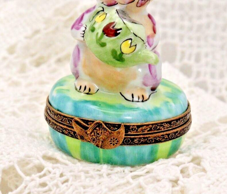 Limoges Porcelain Trinket Box, Rabbit with Watering Can (Hand-Painted)