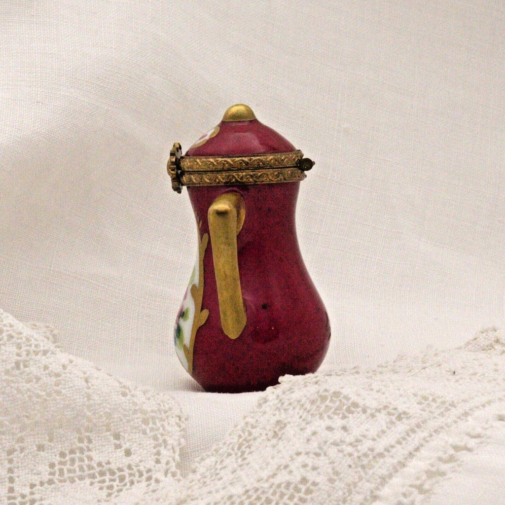 Limoges Teapot Trinket Box - Hand-Painted Burgundy with Gold Detail