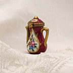 Limoges Teapot Trinket Box - Hand-Painted Burgundy with Gold Detail