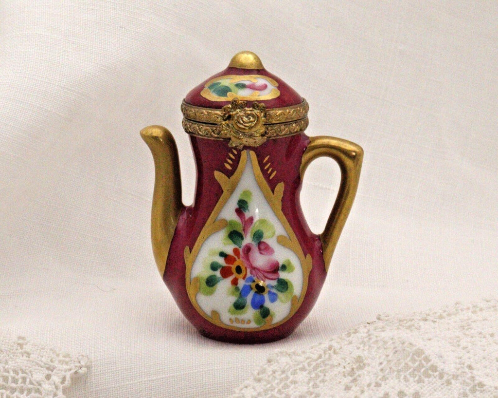Limoges Teapot Trinket Box - Hand-Painted Burgundy with Gold Detail