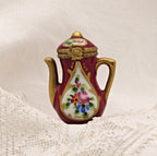 Limoges Teapot Trinket Box - Hand-Painted Burgundy with Gold Detail