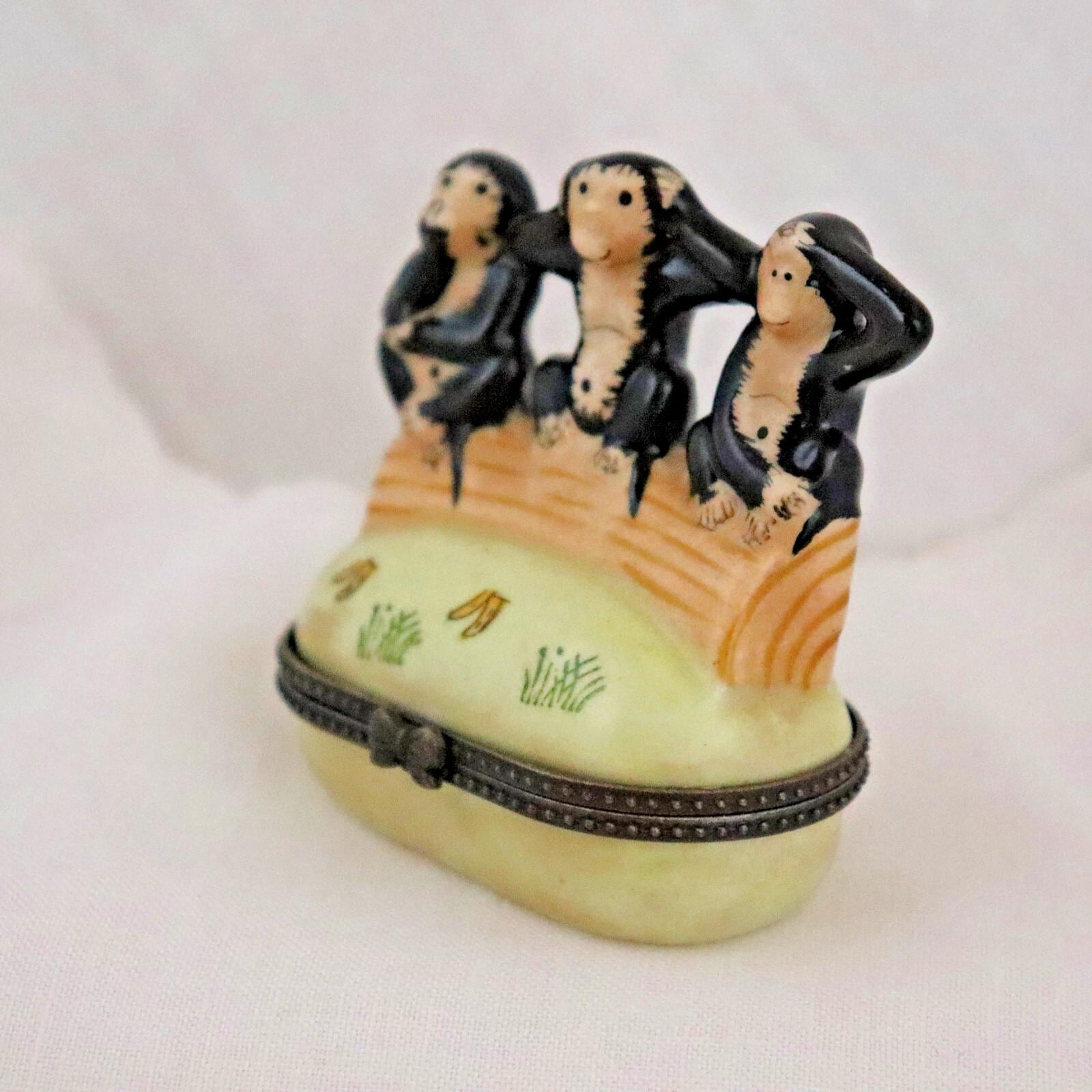 Three Wise Monkeys Trinket Box - Colorful Oval Porcelain