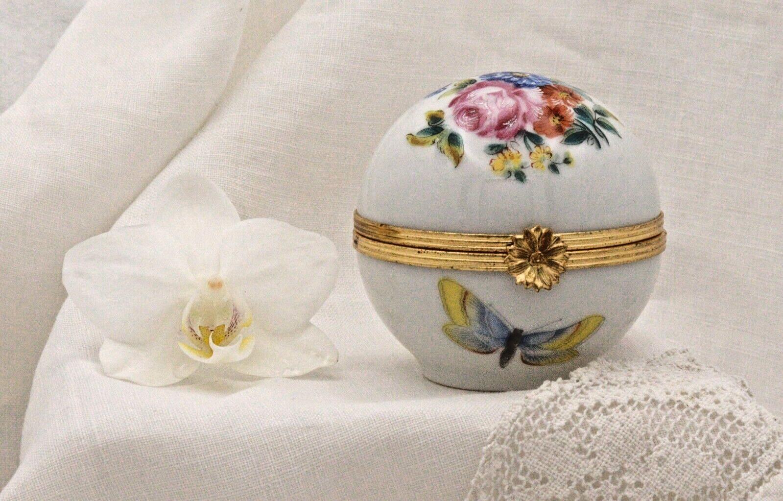 Porcelain Trinket Box: French Butterfly and Floral Art (Round, Hinged)