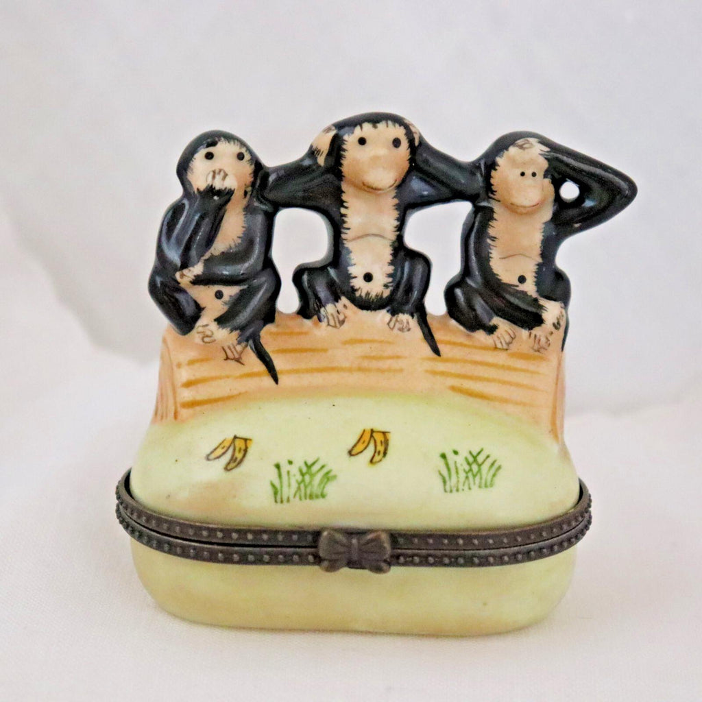 Three Wise Monkeys Trinket Box - Colorful Oval Porcelain