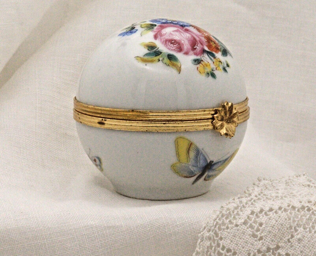 Porcelain Trinket Box: French Butterfly and Floral Art (Round, Hinged)