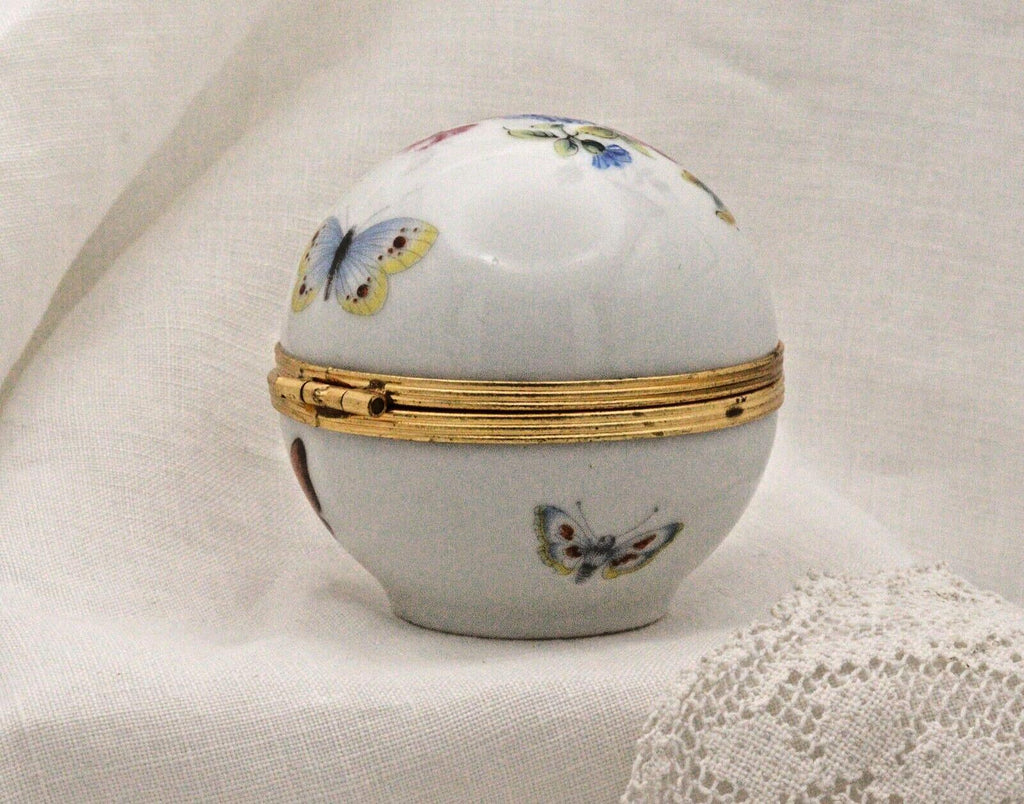 Porcelain Trinket Box: French Butterfly and Floral Art (Round, Hinged)