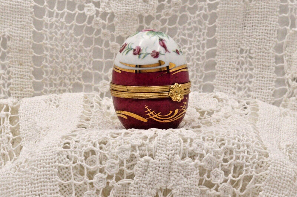 Limoges Porcelain Trinket Box, Egg Shape, Burgundy Roses (2" x 1.5")