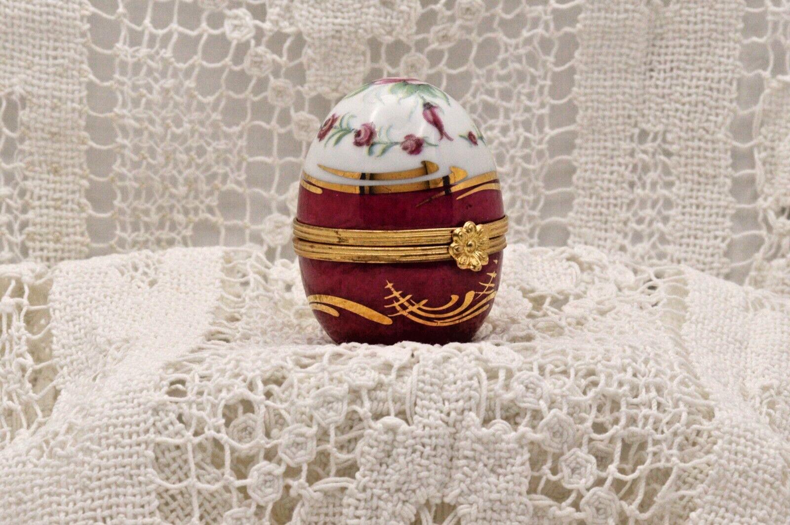 Limoges Porcelain Trinket Box, Egg Shape, Burgundy Roses (2" x 1.5")
