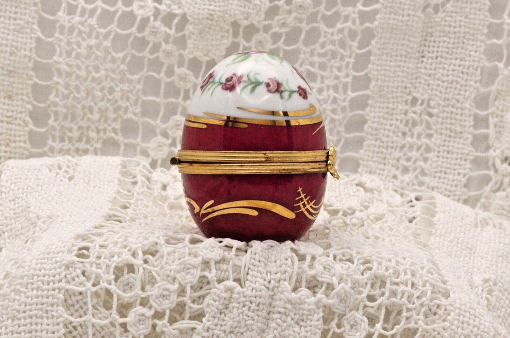 Limoges Porcelain Trinket Box, Egg Shape, Burgundy Roses (2" x 1.5")