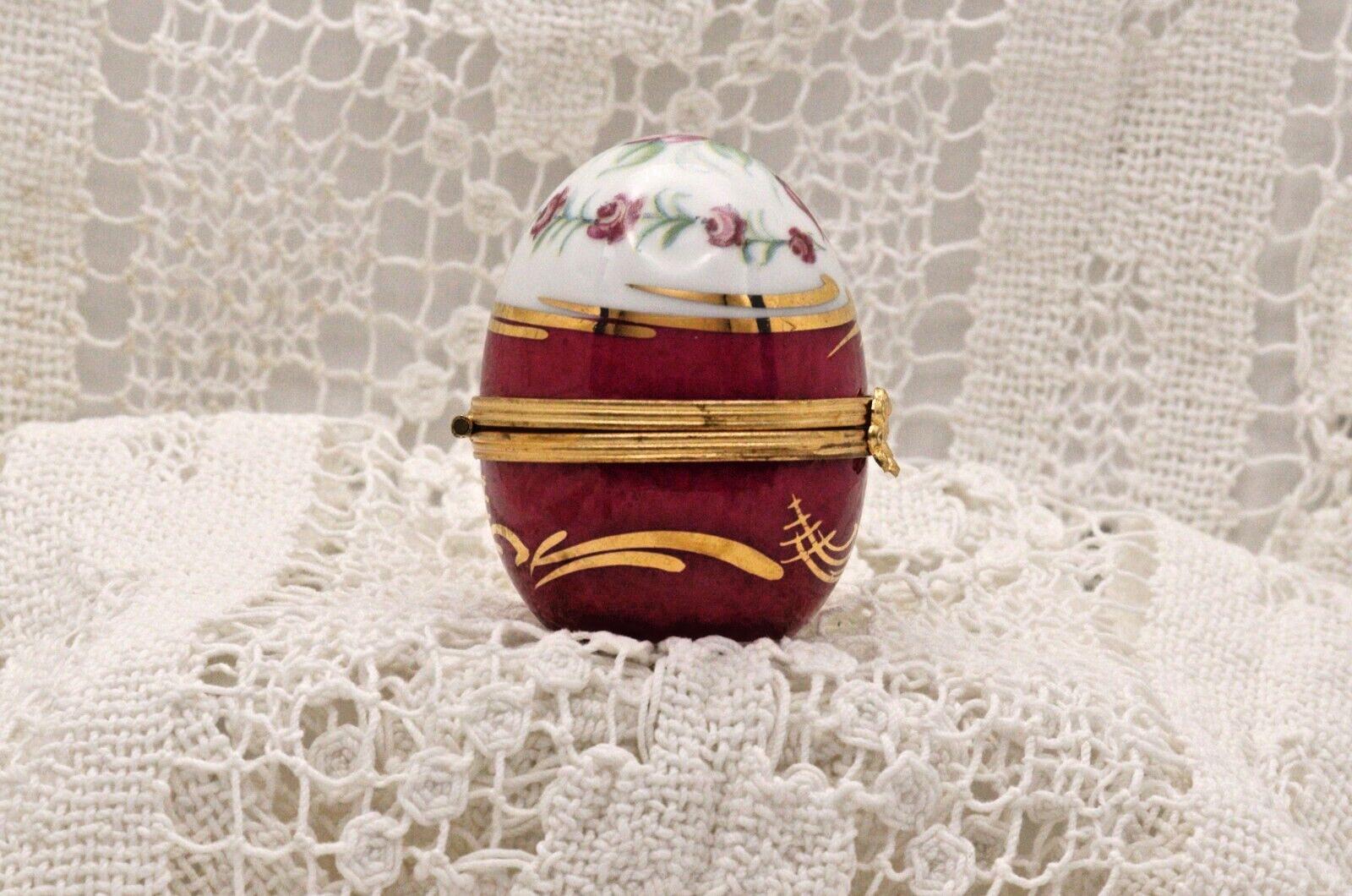 Limoges Porcelain Trinket Box, Egg Shape, Burgundy Roses (2" x 1.5")