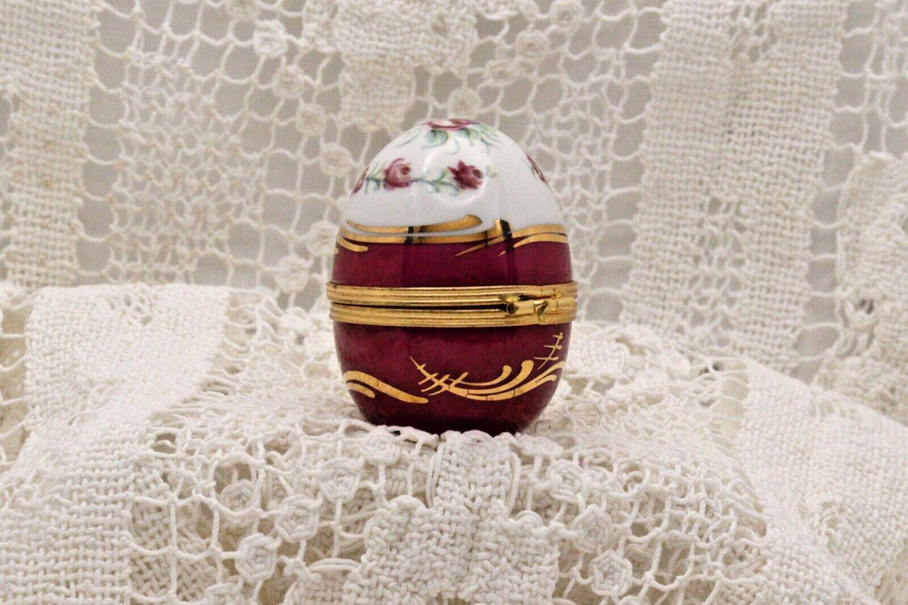 Limoges Porcelain Trinket Box, Egg Shape, Burgundy Roses (2" x 1.5")